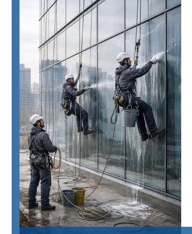 Промышленная мойка панорамных окон на высоте в Камышине