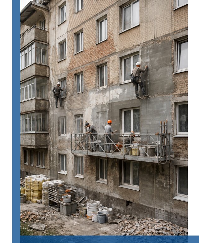 Капитальный ремонт фасада в Камышине с восстановлением и гидроизоляцией