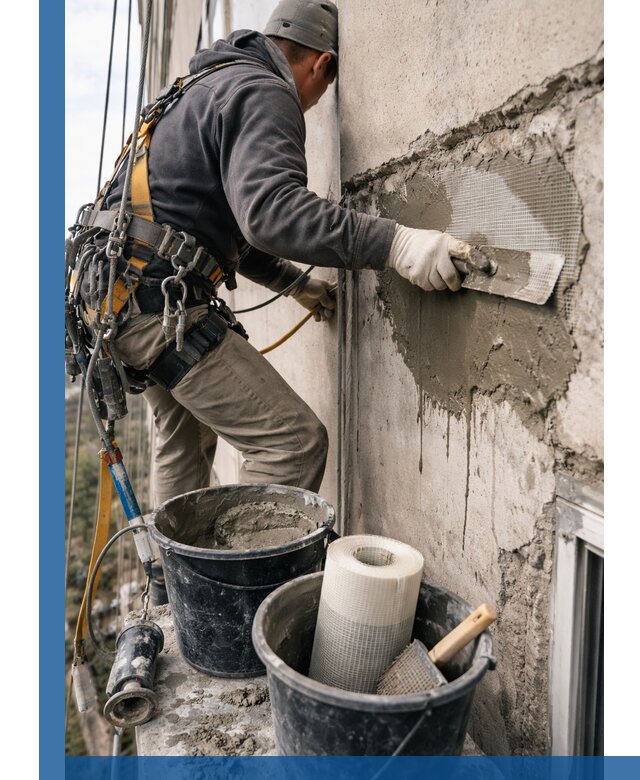 Ремонт бетонных элементов фасада промышленными альпинистами в Камышине