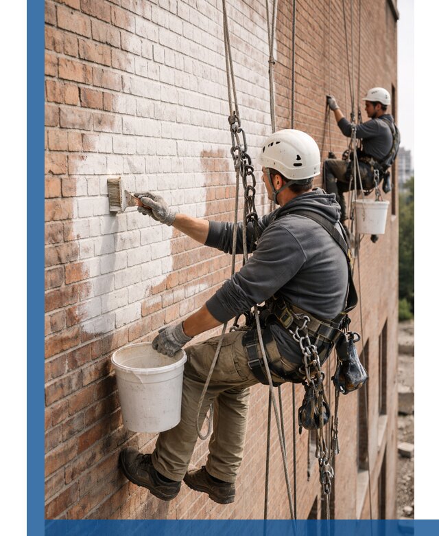 Покраска кирпичного фасада с доступным альпинистским сервисом в Камышине