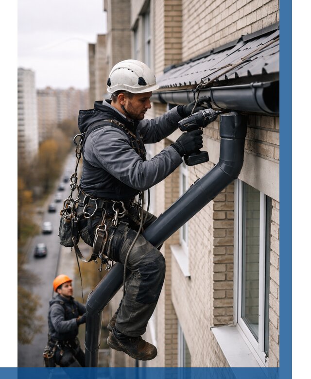 Монтаж водосточной системы на здании в Камышине от 5138 р. | ВЫСОТНИК-Кмш