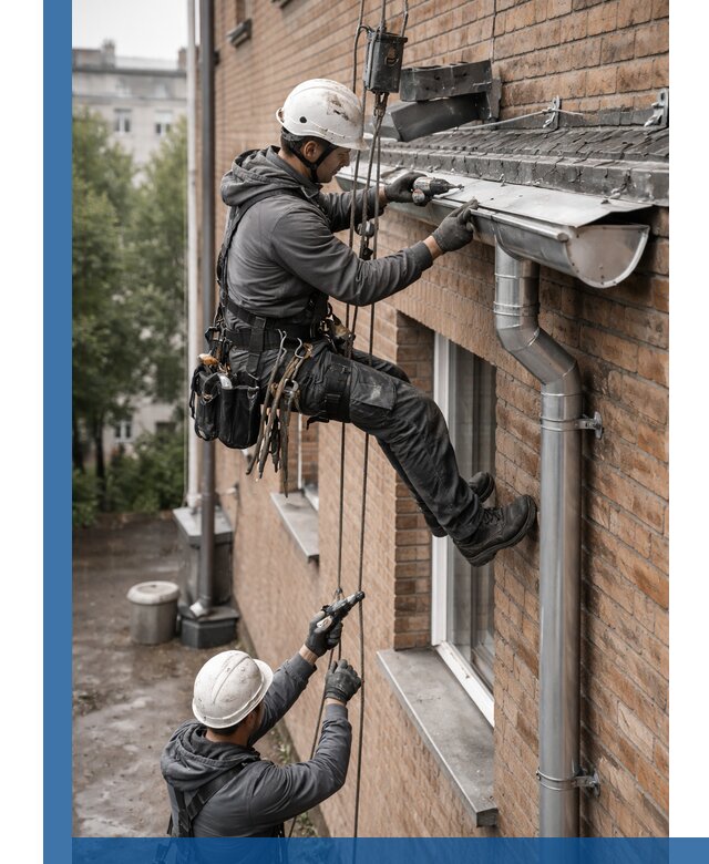 Монтаж водосточной системы на здании в Камышине под ключ