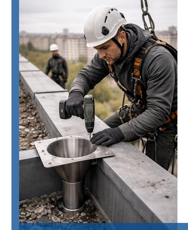 Монтаж водосточных воронок в Камышине для промышленных зданий