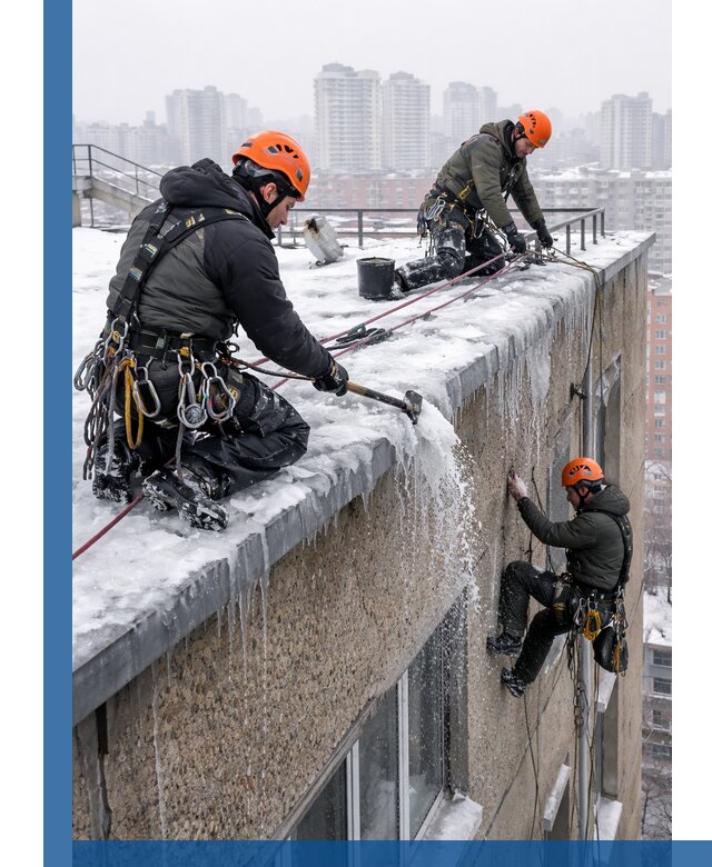 Удаление наледи с кровли в Камышине промышленными альпинистами