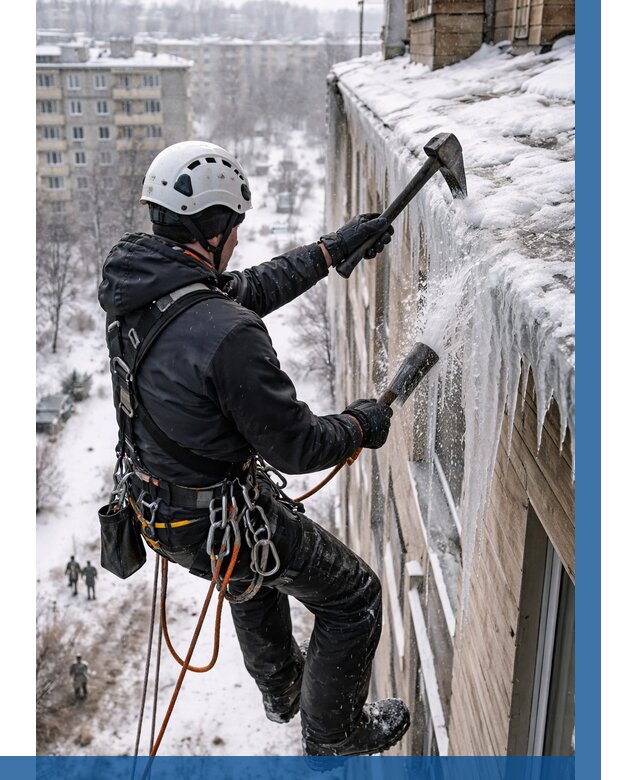 Сбивание сосулек с крыши в Камышине по цене от 4624 р. | ВЫСОТНИК-Кмш