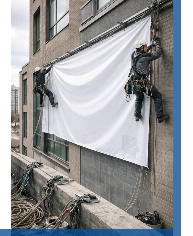 Монтаж баннеров на фасаде в Камышине от 668 р. заказать ВЫСОТНИК-Кмш