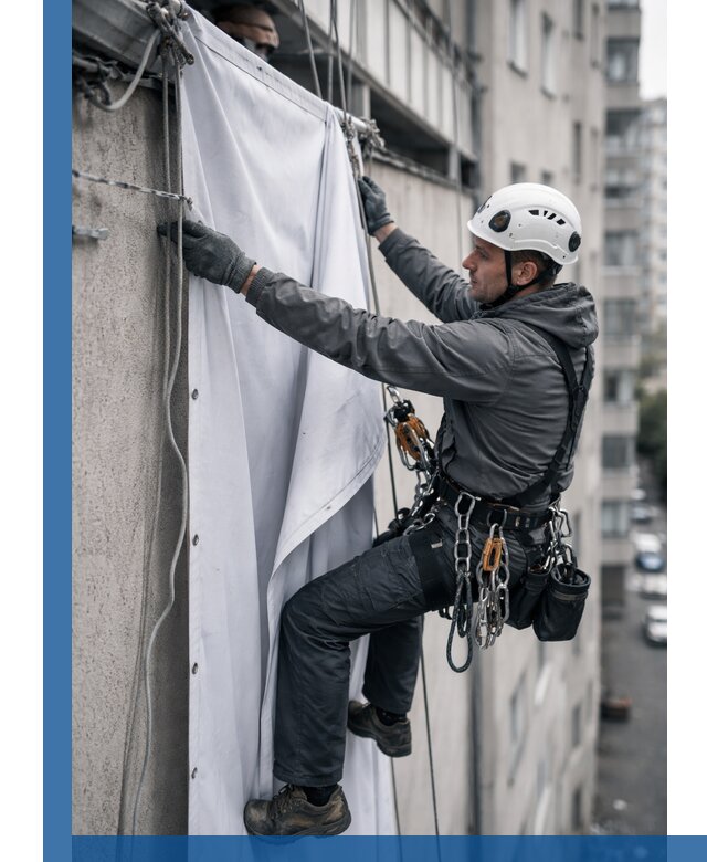 Замена баннерного полотна промышленными альпинистами в Камышине