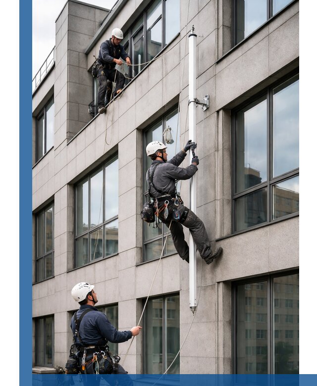 Монтаж флагштока на фасаде здания с креплением и герметикой в Камышине