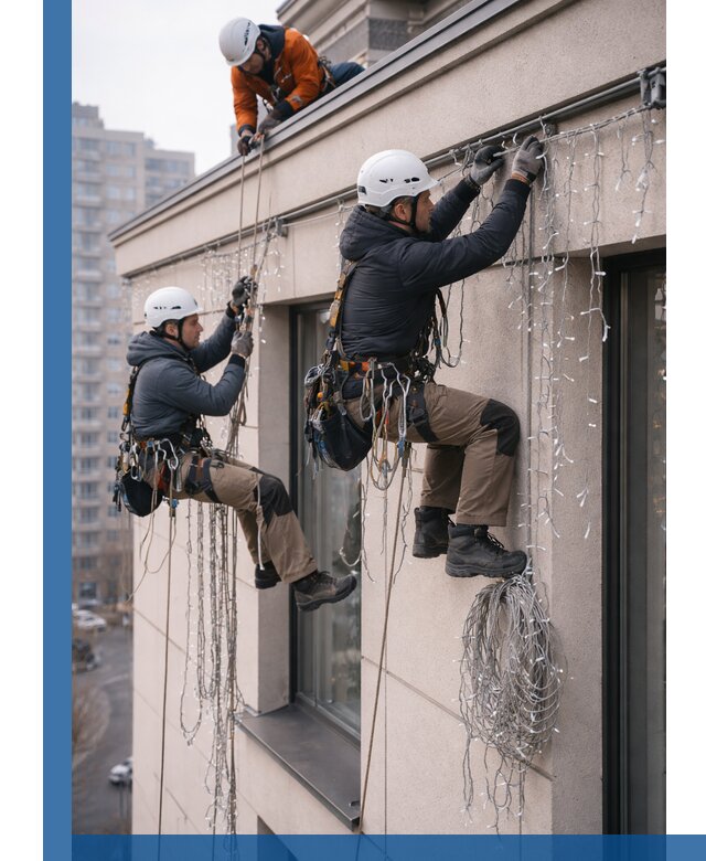 Монтаж праздничных гирлянд на фасаде в Камышине для зданий