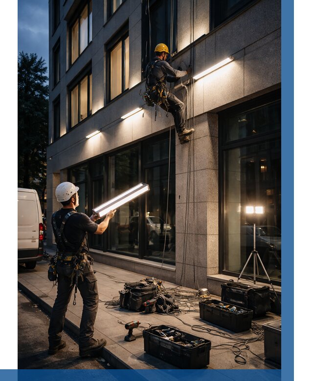 Монтаж архитектурной подсветки здания в Камышине от 2569 р.|ВЫСОТНИК-Кмш