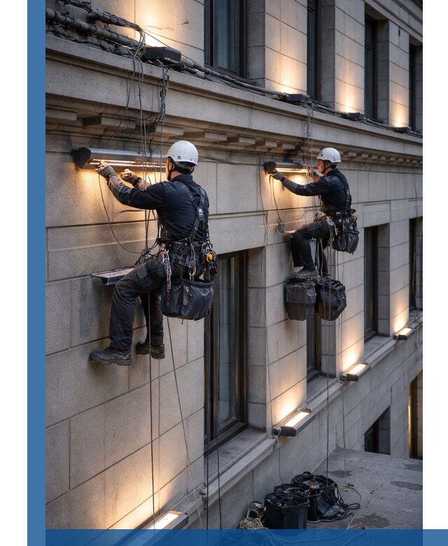 Монтаж архитектурной подсветки фасадов зданий в Камышине