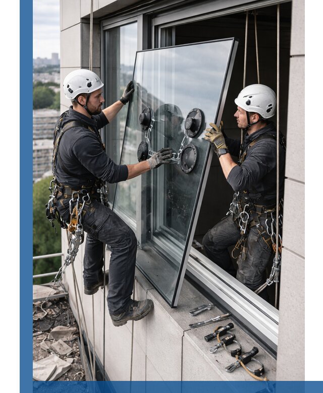 Замена стеклопакетов на высоте с промышленными альпинистами в Камышине