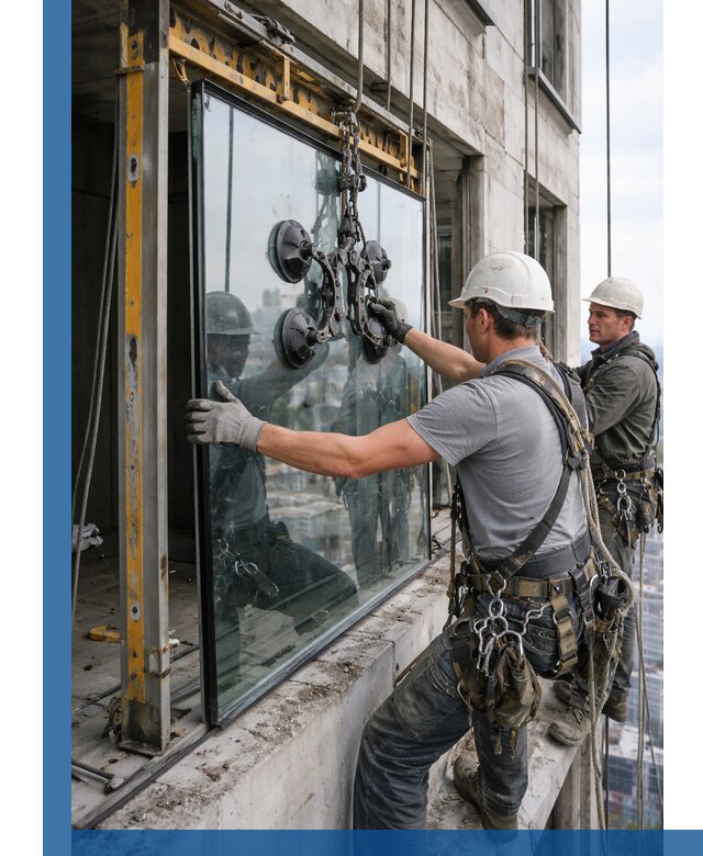 Монтаж стеклопакетов на высоте в Камышине с промышленным альпинизмом