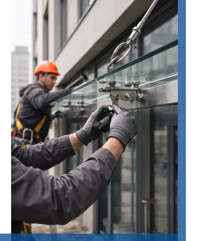 Монтаж стеклянных козырьков в Камышине от 8735 р. | ВЫСОТНИК-Кмш