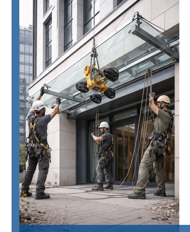 Монтаж стеклянных козырьков под ключ в Камышине для зданий