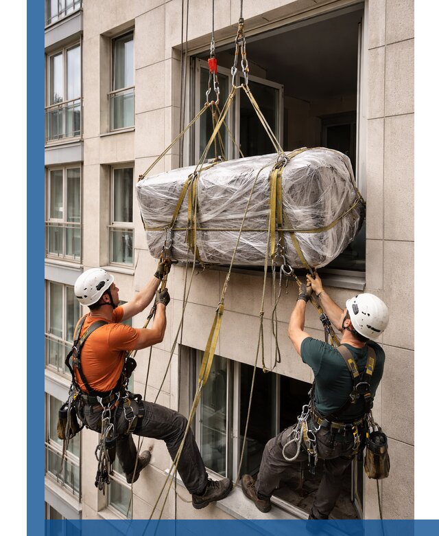 Подъем грузов через окно в Камышине промышленными альпинистами