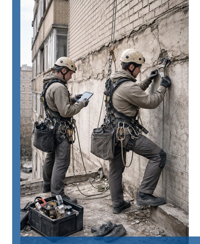 Обследование фасада промышленными альпинистами в Камышине